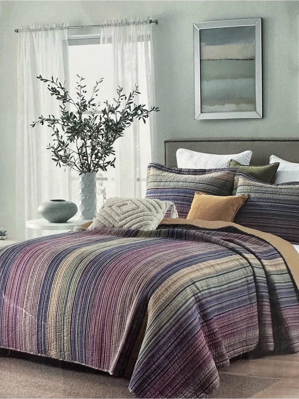 Striped Multicolor Luxury Cotton King Quilted Pillow Shams Set New in packet